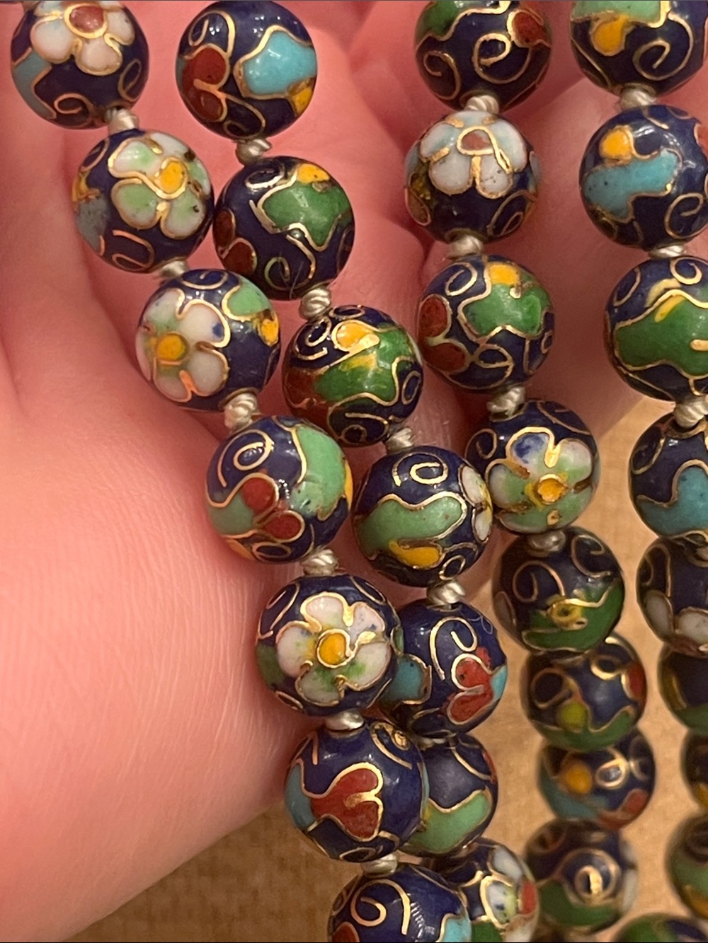 Chinese Cloisonné 28 inch Long Necklace flower beads